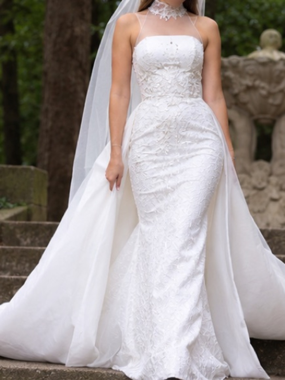 Elegant Strapless White Lace Mermaid Wedding Gown with Detachable Overskirt